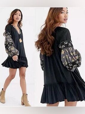 Free People Mix it beaded boho Mini flowy Dress Floral Balloon Sleeves